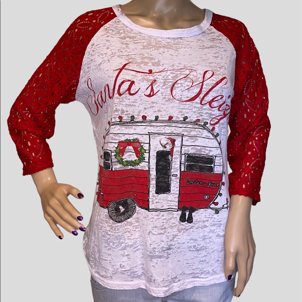 Southern Grace Santa's Sleigh Camper Christmas Raglan Burnout Tee Sz Medium VGC